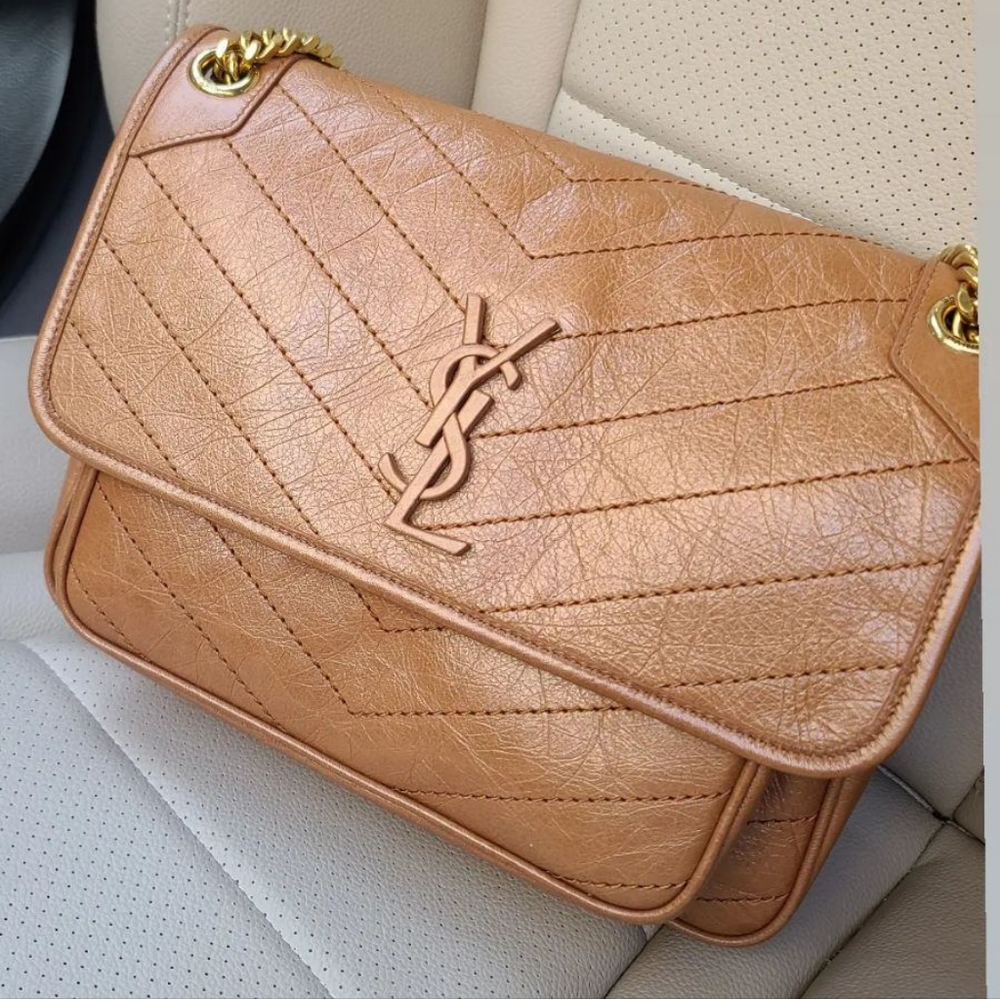 New Authentic SAINT LAURENT Medium Niki Shoulder Bag In Tan/camel/light burnt